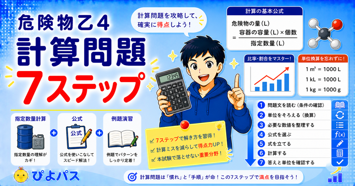 【例題 2 本完走】危険物乙4 計算問題で絶対落とさない 7 ステップ手順 ─ 試験 3 分で解き切るドリル