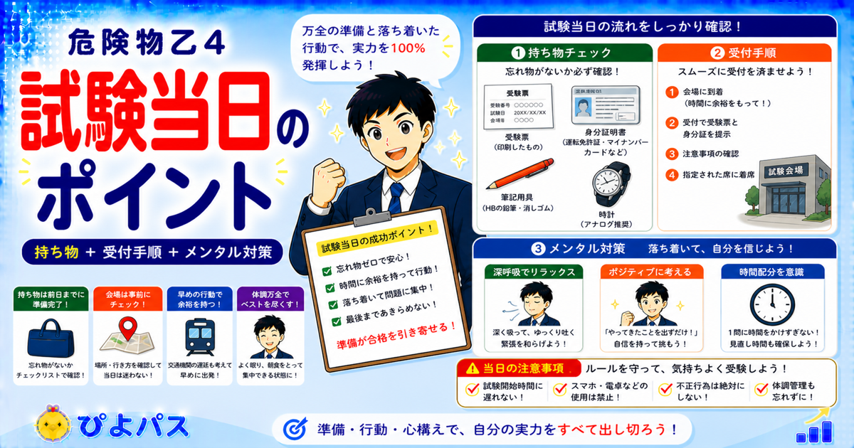 【完全ガイド】危険物乙4の試験当日の流れ｜持ち物・会場到着から合格発表まで