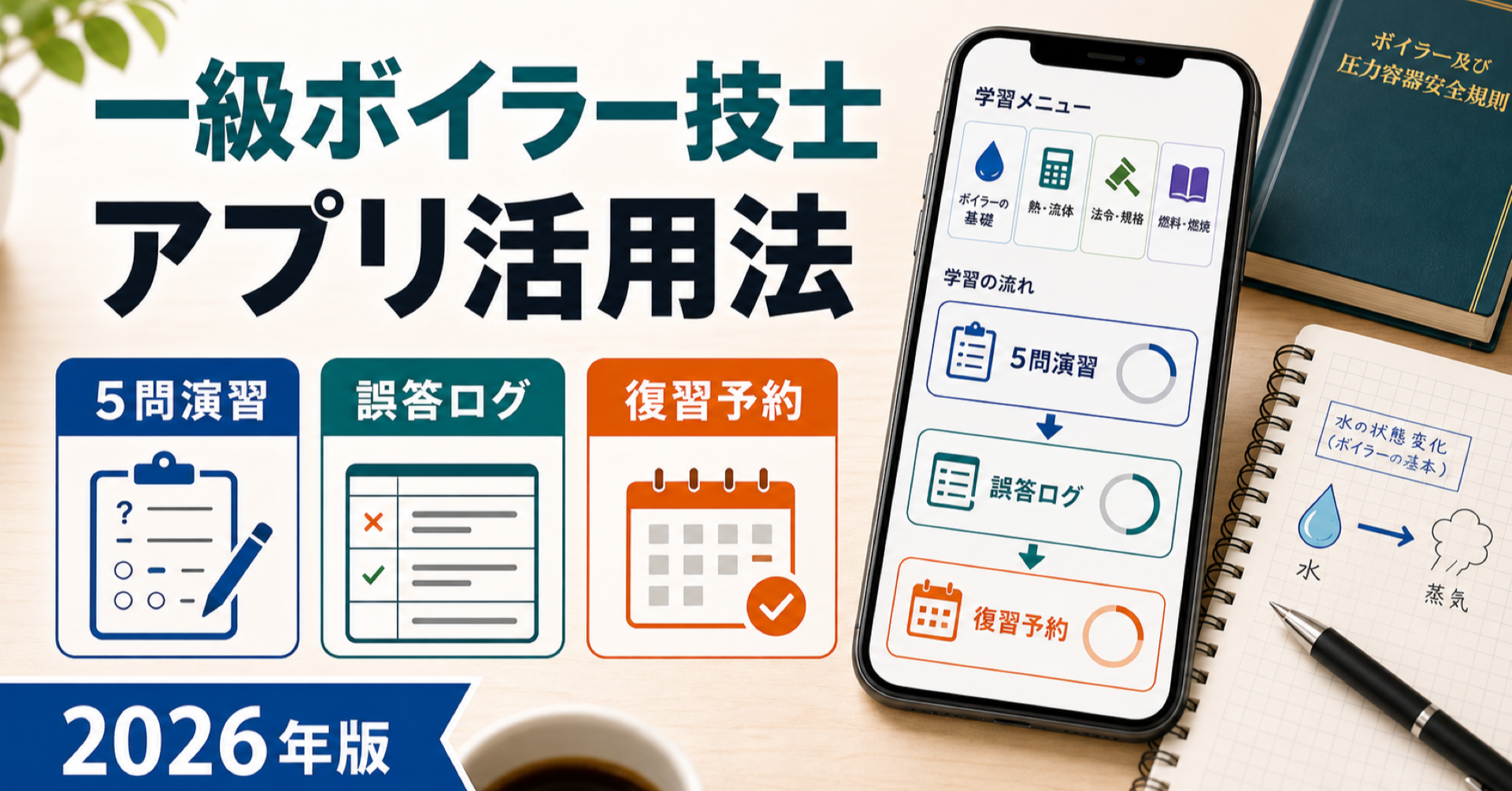 一級ボイラー技士 アプリ活用法｜5問演習・誤答ログ・復習予約で回す (2026年版)