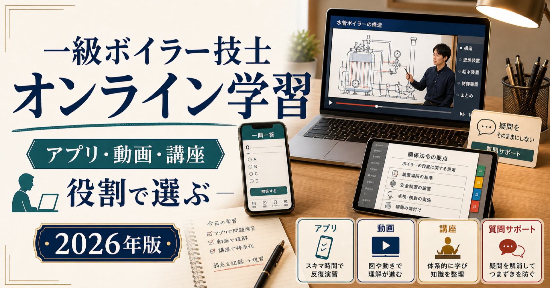 一級ボイラー技士 オンライン学習|アプリ・動画・講座の使い分け (2026年版)