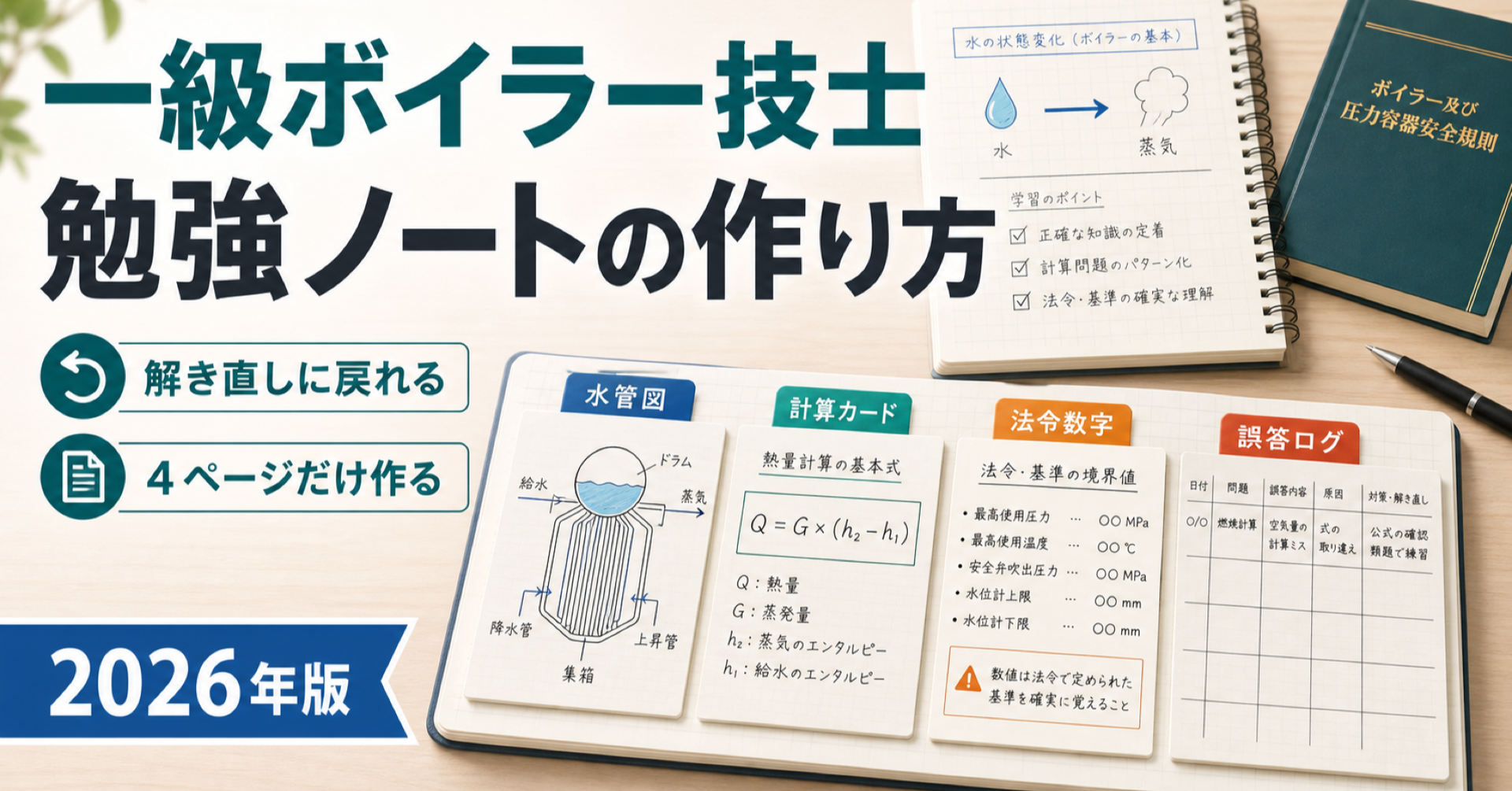 一級ボイラー技士 勉強ノートの作り方｜解き直しに戻れる4ページだけ作る (2026年版)