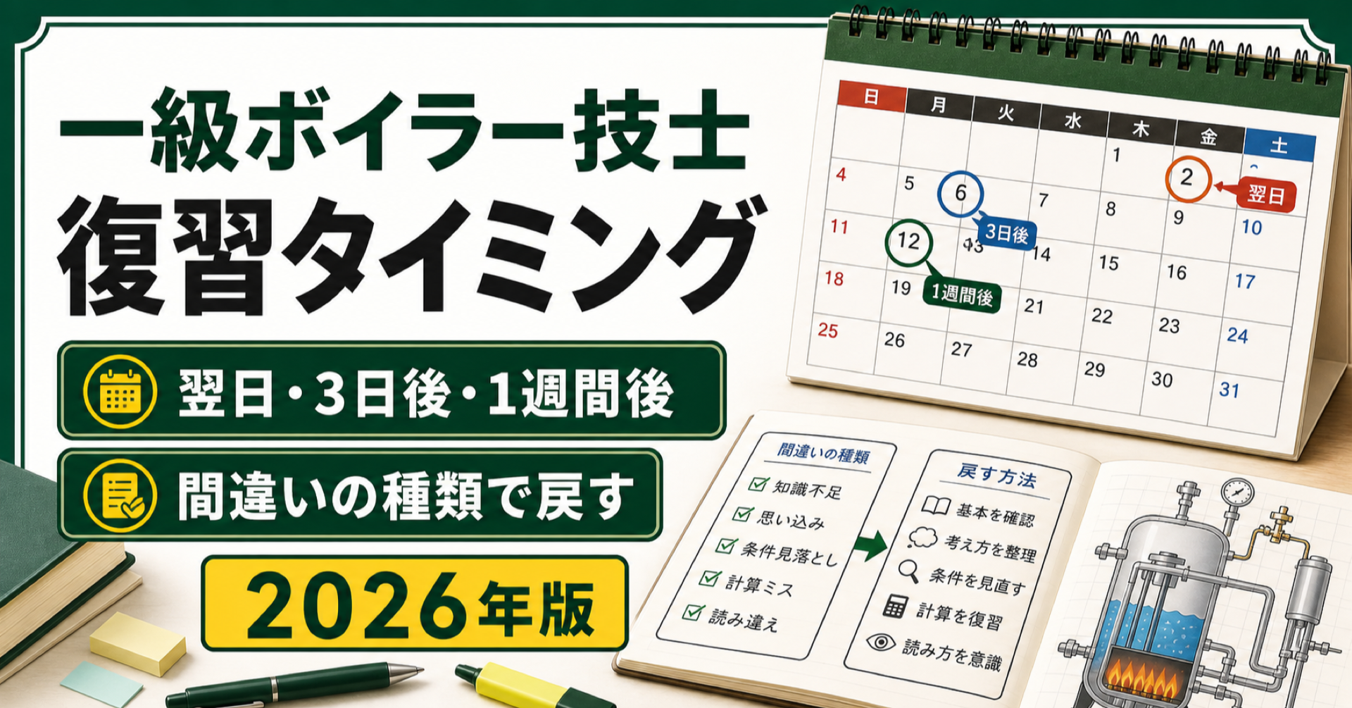 一級ボイラー技士の復習タイミング｜間違いの種類で戻す日を変える (2026年版)