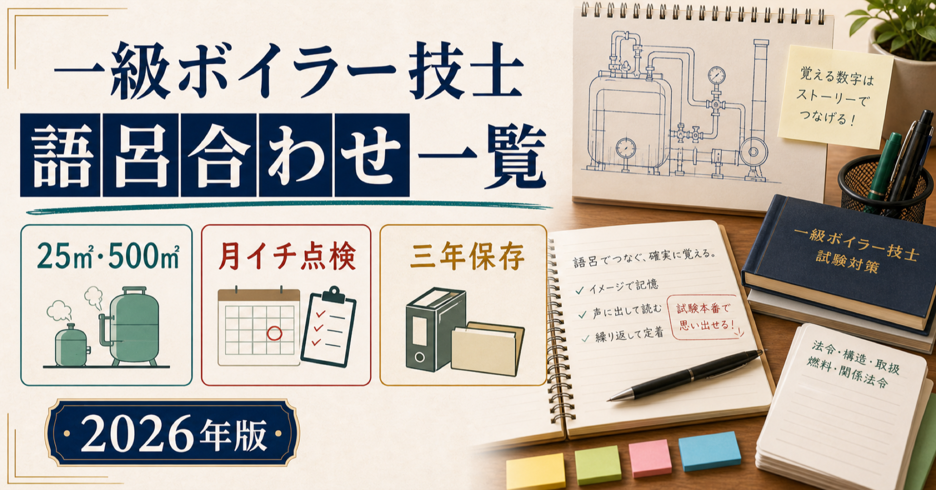 一級ボイラー技士 語呂合わせ一覧|25㎡・500㎡・月イチ点検で覚える (2026年版)