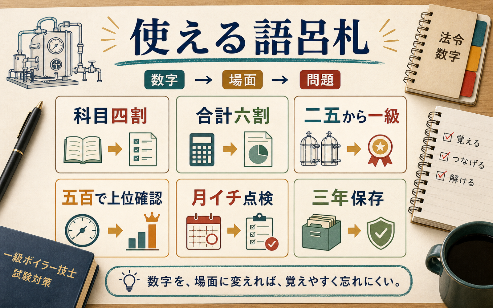 一級ボイラー技士 語呂合わせ一覧|法令・構造・取扱い・燃焼で覚える (2026年版) の挿絵 1