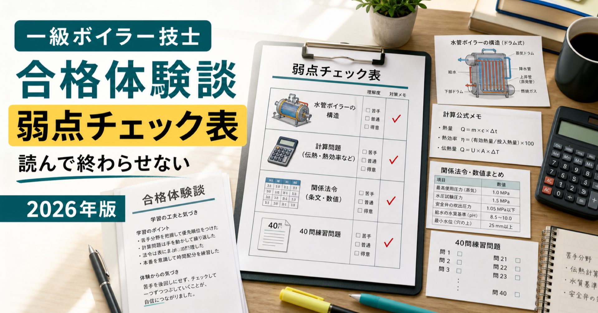 一級ボイラー技士 合格体験談|読むだけで終わらせない弱点チェック表 (2026年版)