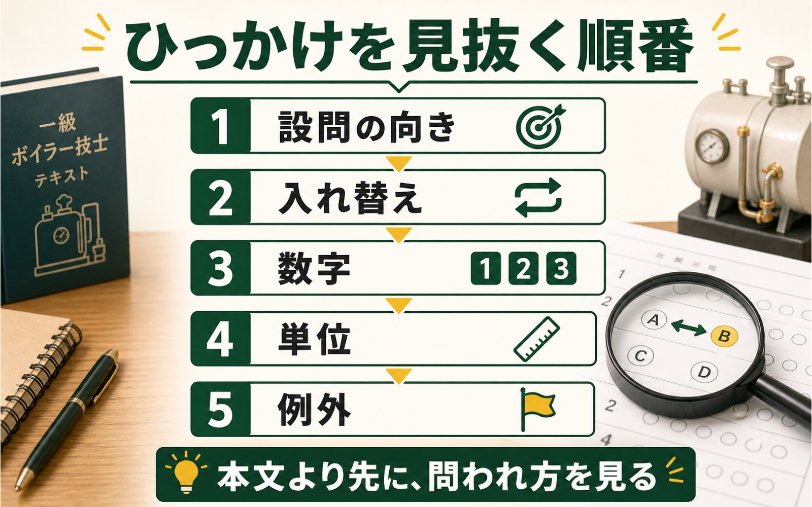 一級ボイラー技士 ひっかけ対策｜選択肢の入れ替えに気づく読み方 (2026年版) の挿絵 1