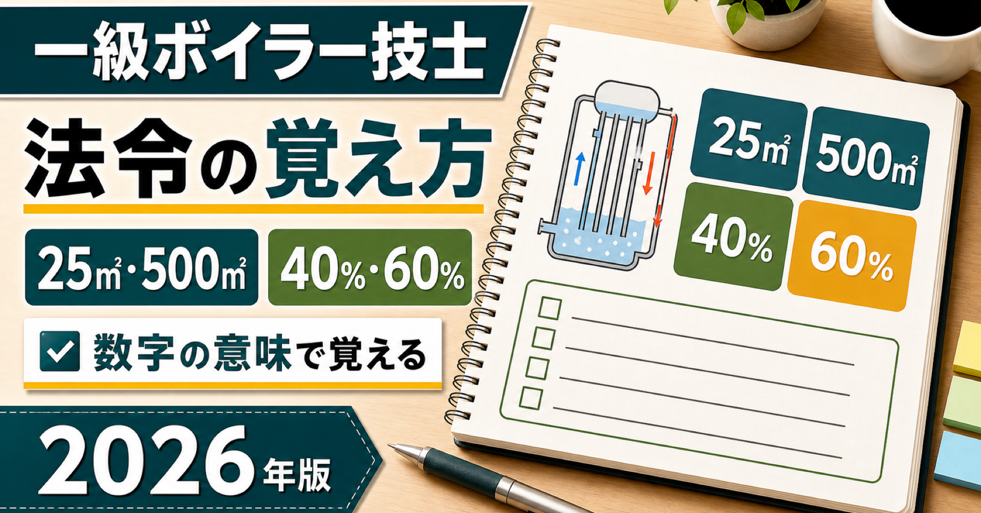 一級ボイラー技士 法令の覚え方｜25㎡・500㎡・40%/60%の数字地図 (2026年版)