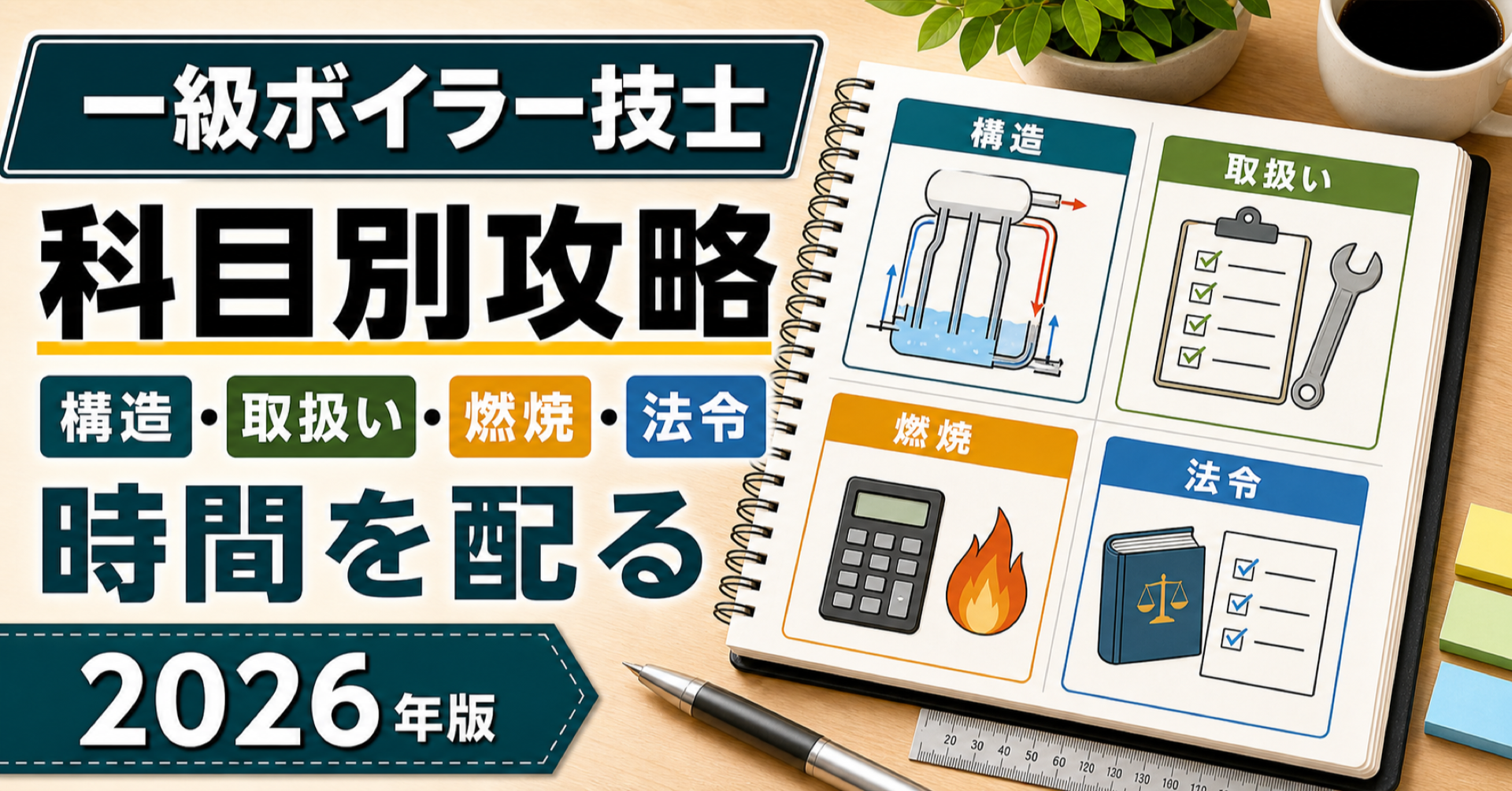 一級ボイラー技士の科目別攻略｜構造・取扱い・燃焼・法令の時間配分 (2026年版)