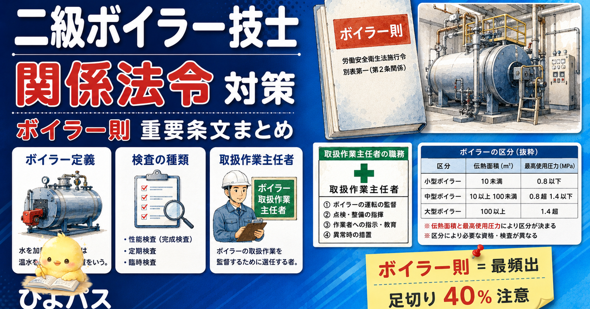 二級ボイラー技士 関係法令3領域|安衛法/ボイラー則/検査・届出 (2026年版)