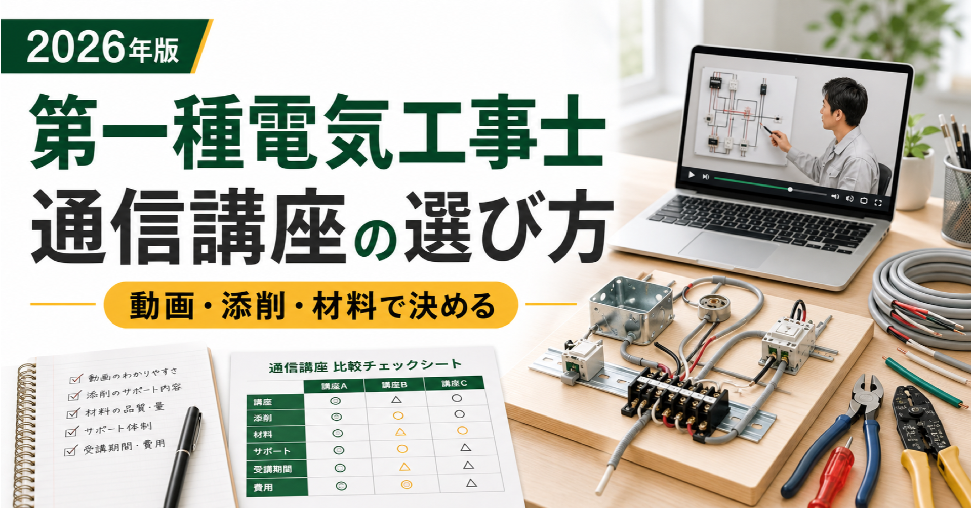 第一種電気工事士 通信講座の選び方｜動画・添削・材料で決める (2026年版)