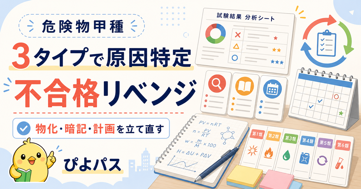 危険物甲種 不合格リベンジ — 物化捨て型/暗記偏重型/計画なし型の 3 タイプ別対策で次回 65-75% 合格 (2026年版)