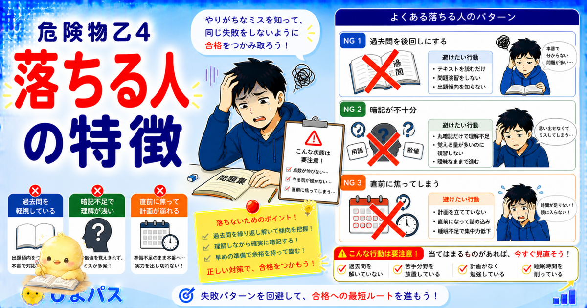 危険物乙4 落ちる人3パターン｜物化放置/暗記偏重/足切り軽視 (2026年版)