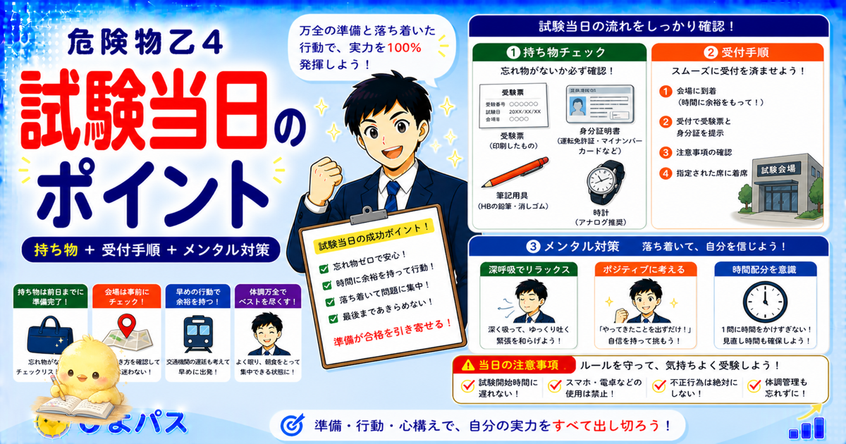【2026年最新】危険物乙4 試験当日の流れと持ち物リスト｜会場到着〜合格発表まで完全ガイド