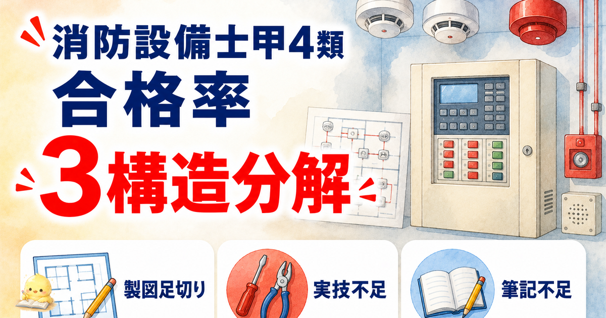 消防甲4 合格率34%の3構造分解|製図/実技/筆記の足切り (2026年版)