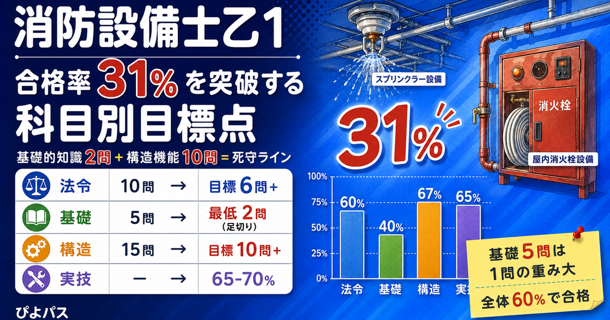 消防乙1 合格率31%の3因子分解｜受験者層/難易度/足切り構造 (2026年版)