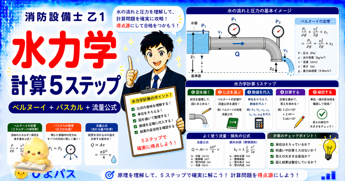 【例題 2 本完走】消防設備士乙1 水理計算 5 ステップ手順 ─ 水系設備の必要水量を 4 分で解き切るドリル