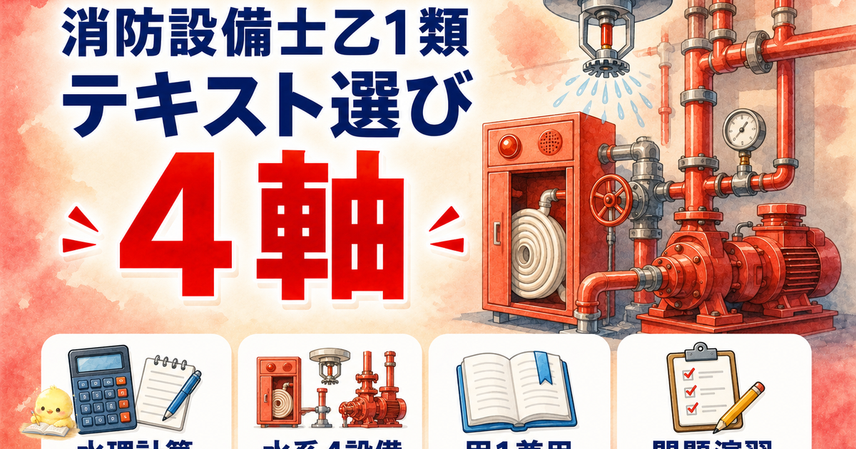 消防設備士乙1 テキスト選びの4軸｜水理計算・4設備・甲1兼用・演習 (2026年版)