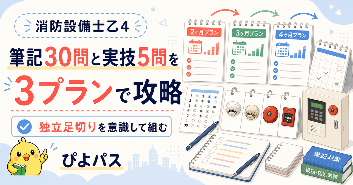 消防設備士乙4 勉強スケジュール 3プラン|筆記30問+実技5問の独立足切り対応 (2026年版)