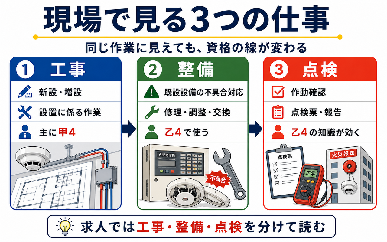 消防設備士乙4が現場で関わる工事・整備・点検の違いを示す図