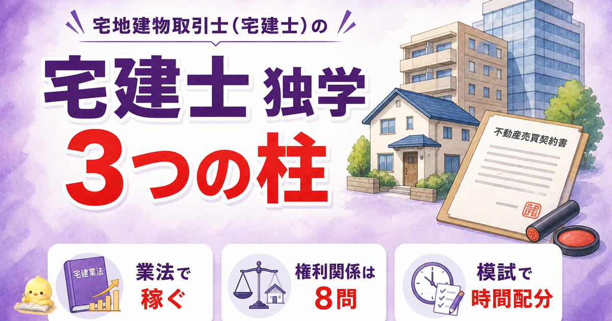 宅建士 独学 3つの柱｜業法で稼ぐ/権利関係8問/模試で時間配分 (2026年版)