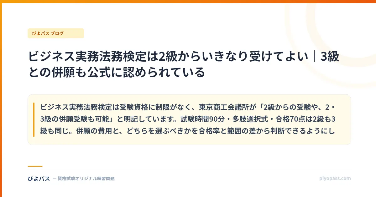 ビジネス実務法務検定は2級からいきなり受けてよい｜3級との併願も公式に認められている