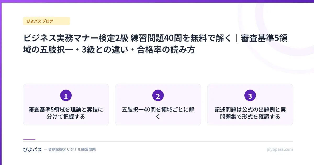 ビジネス実務マナー検定2級 練習問題40問を無料で解く｜審査基準5領域の五肢択一・3級との違い・合格率の読み方