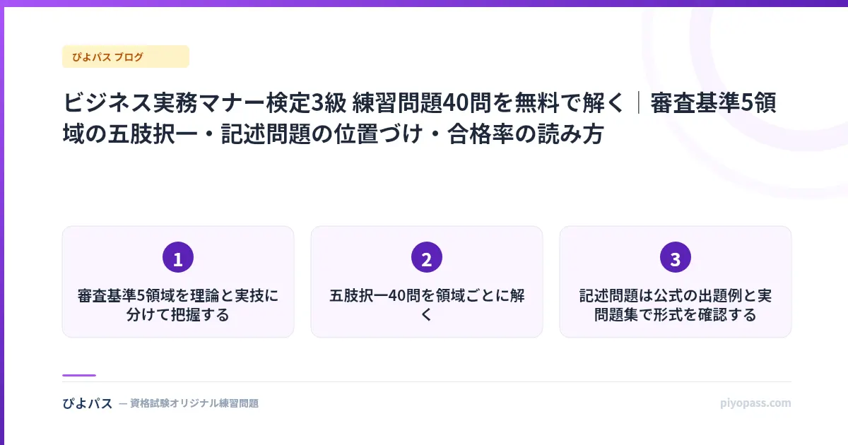 ビジネス実務マナー検定3級 練習問題40問を無料で解く｜審査基準5領域の五肢択一・記述問題の位置づけ・合格率の読み方
