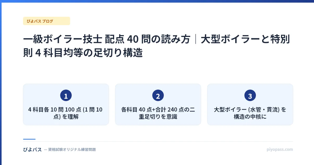 一級ボイラー技士 配点 40 問の読み方｜大型ボイラーと特別則 4 科目均等の足切り構造