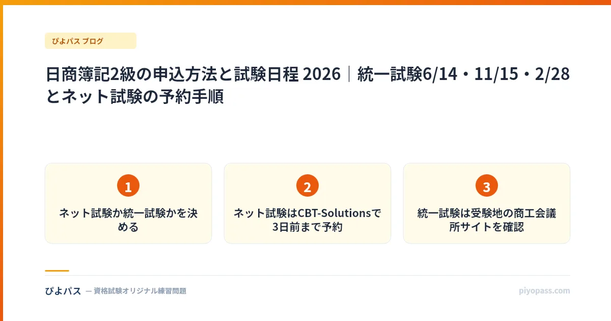 日商簿記2級の申込方法と試験日程 2026｜統一試験6/14・11/15・2/28とネット試験の予約手順
