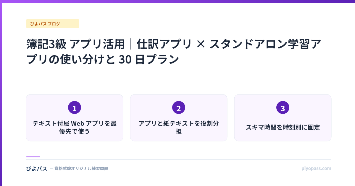 簿記3級 アプリ活用|仕訳アプリ × スタンドアロン学習アプリの使い分けと 30 日プラン
