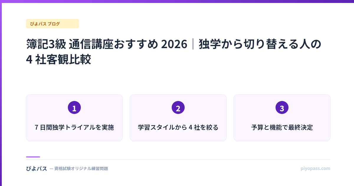 簿記3級 通信講座おすすめ 2026|独学から切り替える人の 4 社客観比較