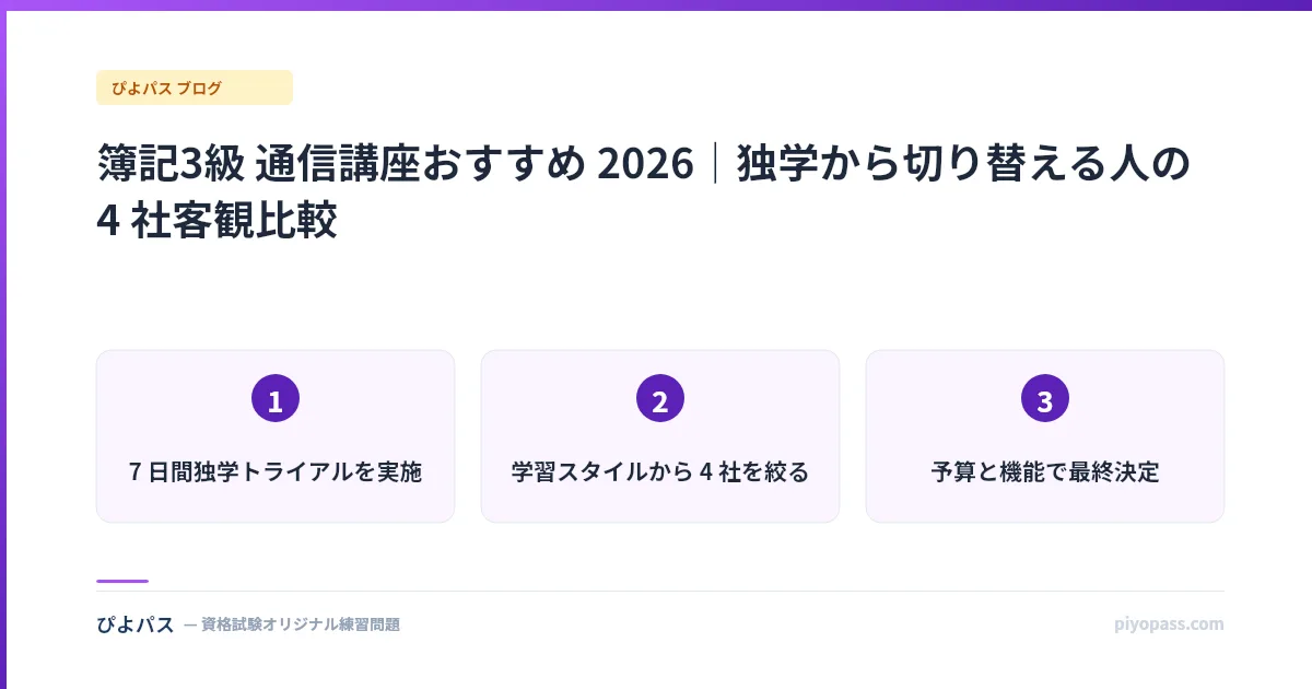 簿記3級 通信講座おすすめ 2026|独学から切り替える人の 4 社客観比較
