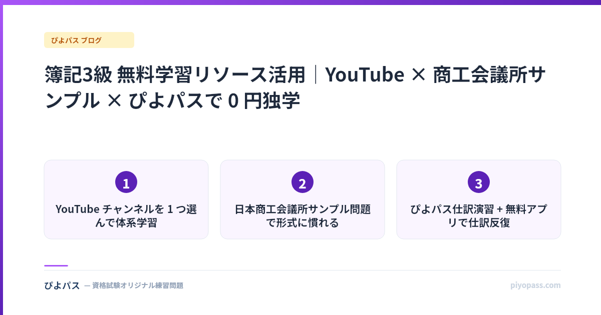 簿記3級 無料学習リソース活用|YouTube × 商工会議所サンプル × ぴよパスで 0 円独学