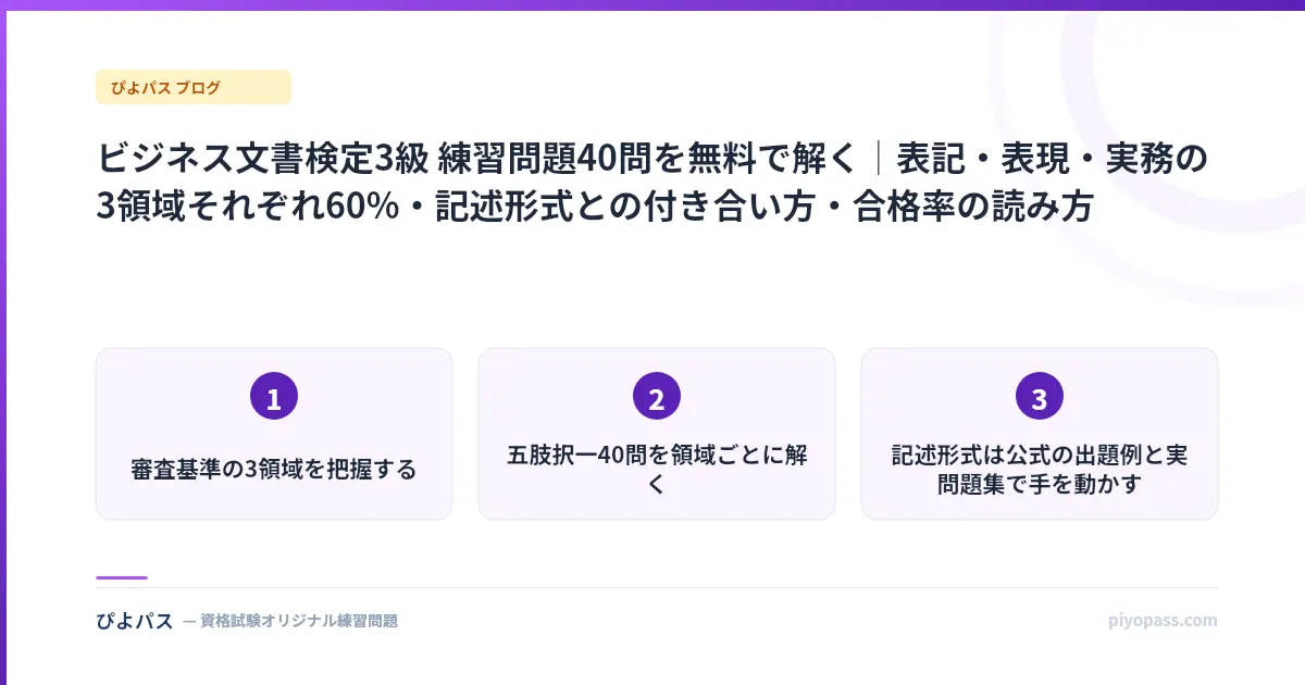 ビジネス文書検定3級 練習問題40問を無料で解く|表記・表現・実務の3領域それぞれ60%・記述形式との付き合い方・合格率の読み方