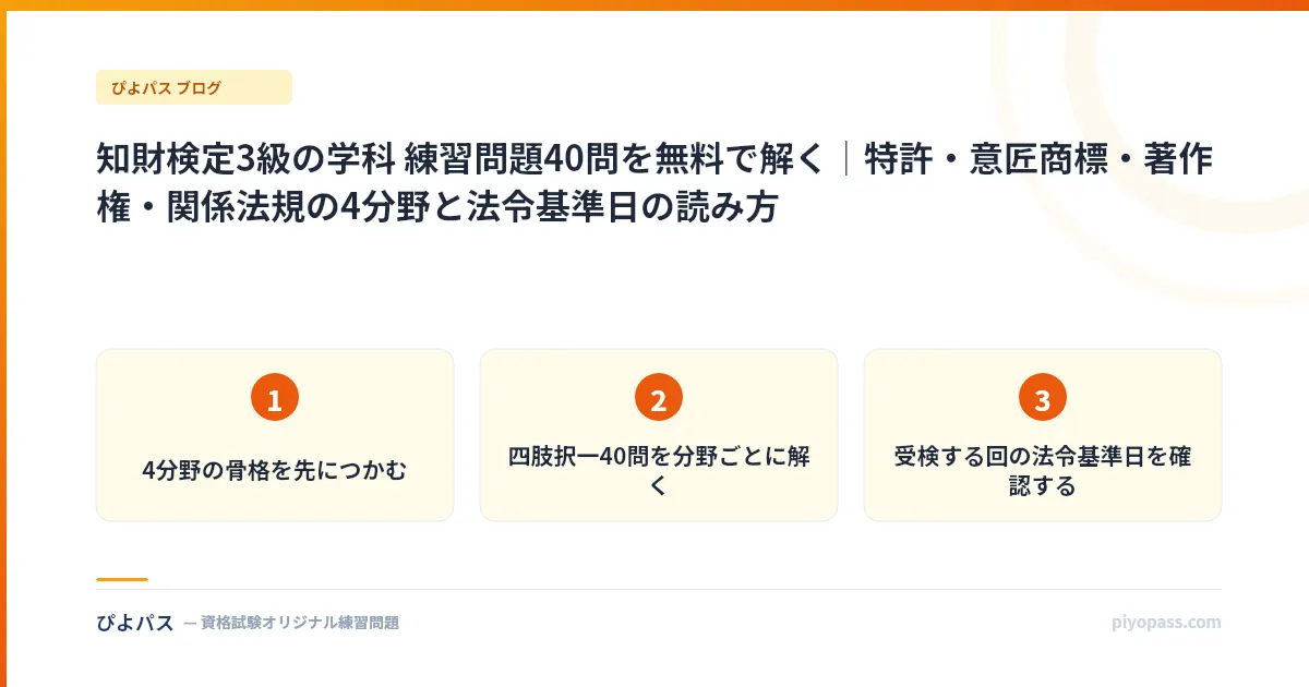 知財検定3級の学科 練習問題40問を無料で解く｜特許・意匠商標・著作権・関係法規の4分野と法令基準日の読み方