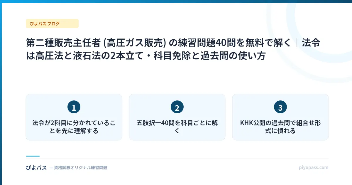 第二種販売主任者 (高圧ガス販売) の練習問題40問を無料で解く|法令は高圧法と液石法の2本立て・科目免除と過去問の使い方