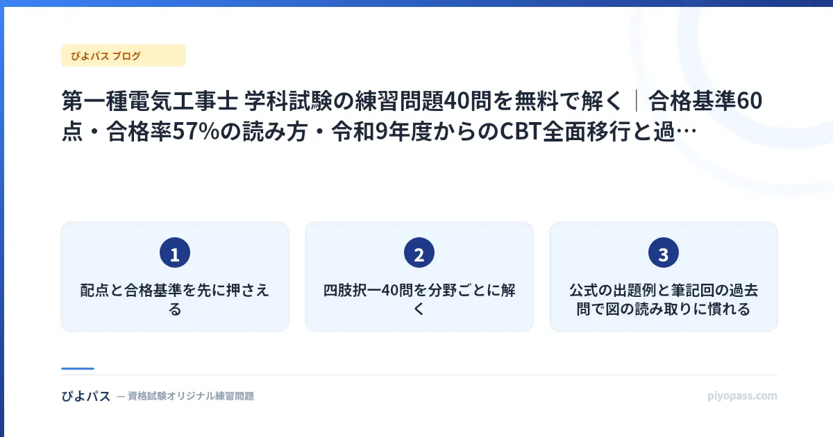 第一種電気工事士 学科試験の練習問題40問を無料で解く｜合格基準60点・合格率57%の読み方・令和9年度からのCBT全面移行と過去問の使い方