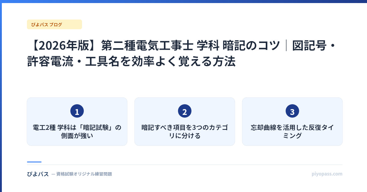 【2026年版】第二種電気工事士 学科 暗記のコツ|図記号・許容電流・工具名を効率よく覚える方法