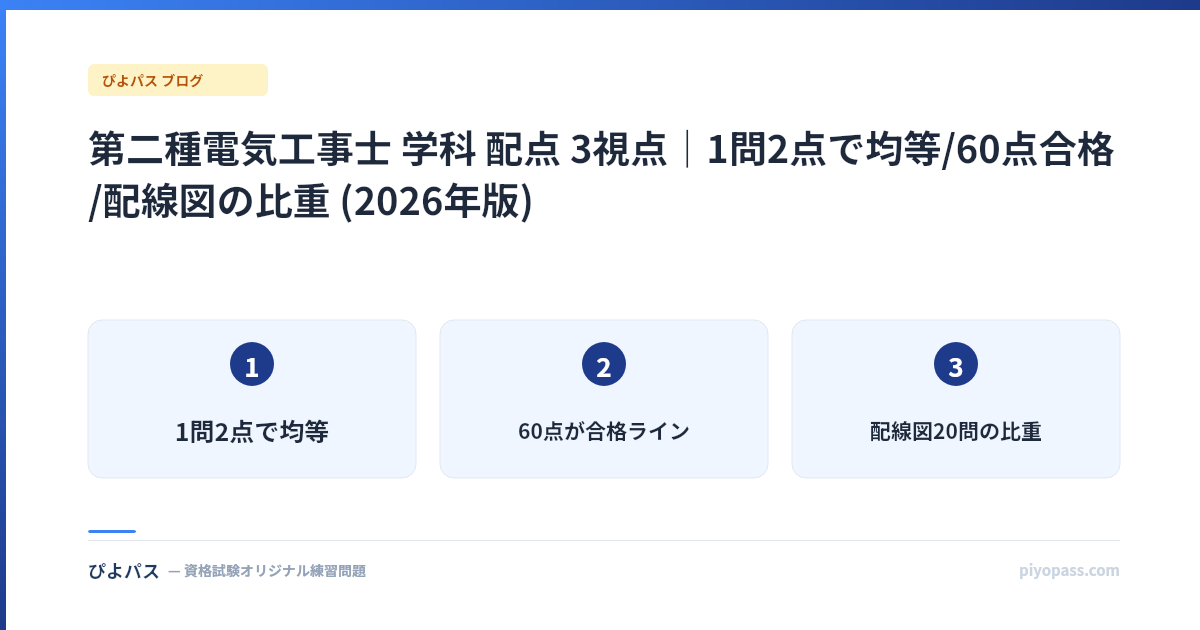 第二種電気工事士 学科 配点 3視点|1問2点で均等/60点合格/配線図の比重 (2026年版)