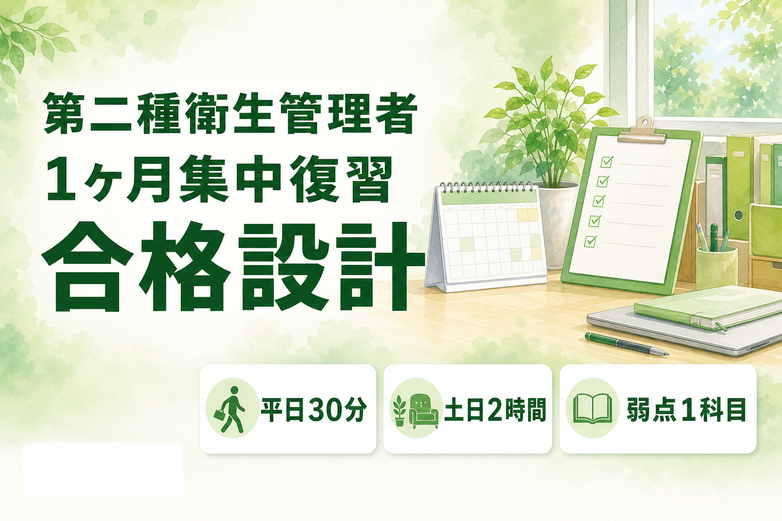 第二種衛生管理者 1ヶ月集中復習設計|土日2時間で弱点1科目ずつ潰す合格者の動線