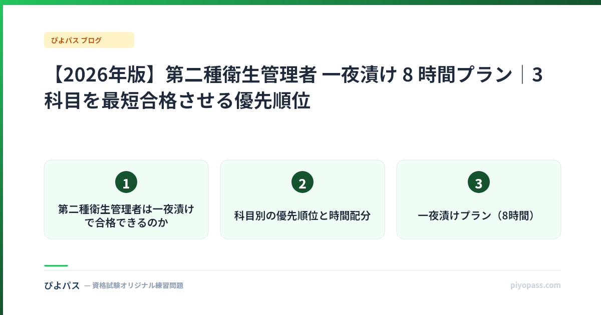 【2026年版】第二種衛生管理者 一夜漬け 8 時間プラン|3 科目を最短合格させる優先順位