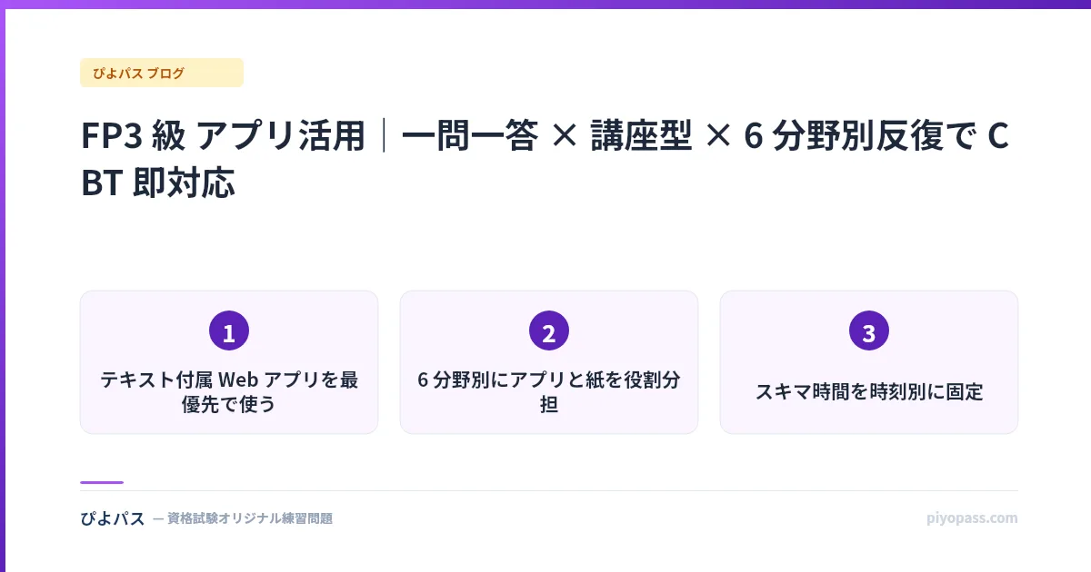 FP3 級 アプリ活用｜一問一答 × 講座型 × 6 分野別反復で CBT 即対応
