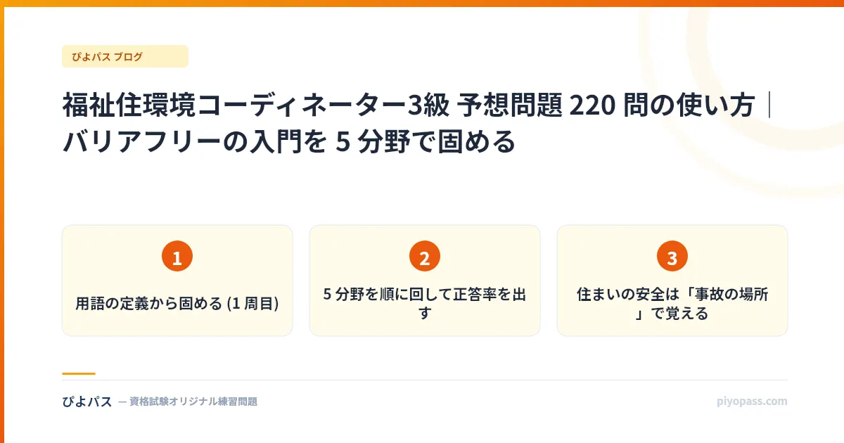 福祉住環境コーディネーター3級 予想問題 220 問の使い方｜バリアフリーの入門を 5 分野で固める