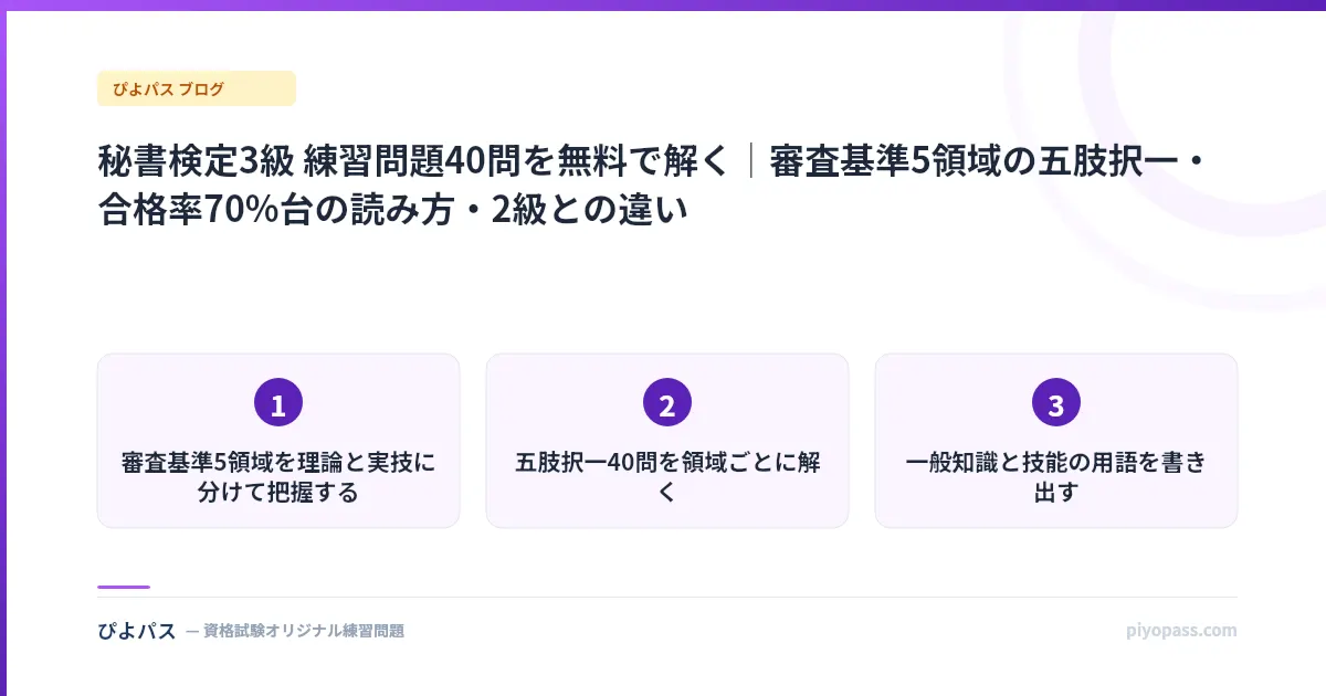 秘書検定3級 練習問題40問を無料で解く|審査基準5領域の五肢択一・合格率70%台の読み方・2級との違い