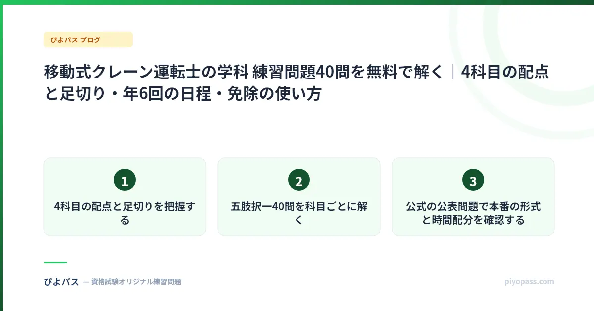 移動式クレーン運転士の学科 練習問題40問を無料で解く｜4科目の配点と足切り・年6回の日程・免除の使い方