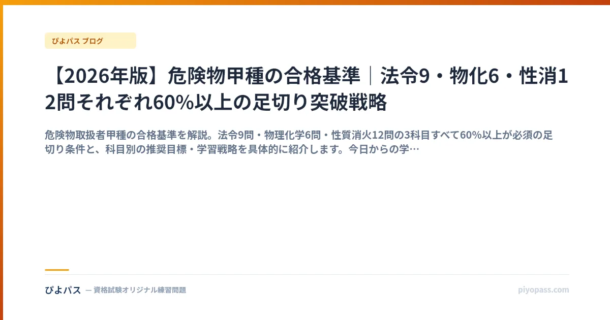 【2026年版】危険物甲種の合格基準|法令9・物化6・性消12問それぞれ60%以上の足切り突破戦略