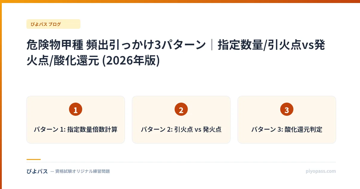 危険物甲種 頻出引っかけ3パターン|指定数量/引火点vs発火点/酸化還元 (2026年版)
