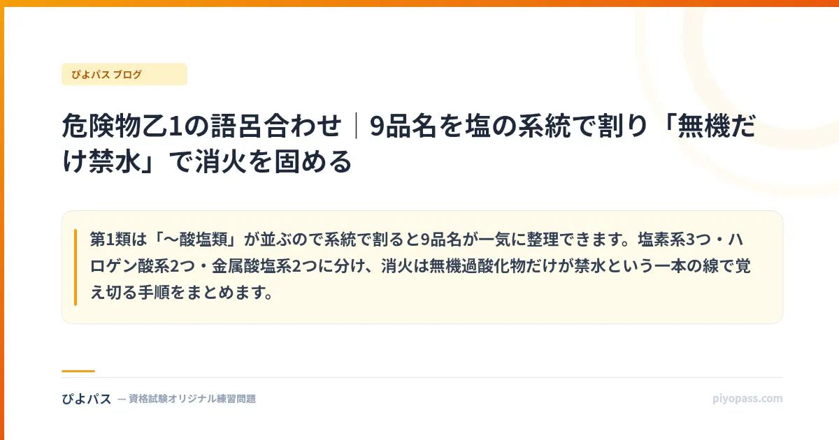 危険物乙1の語呂合わせ｜9品名を塩の系統で割り「無機だけ禁水」で消火を固める