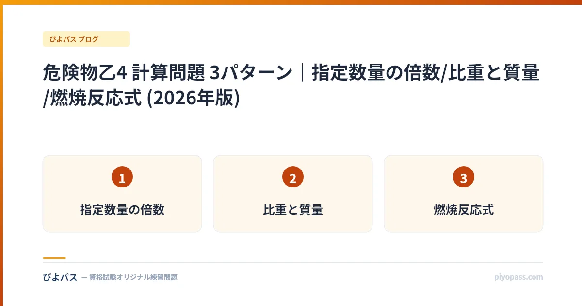 危険物乙4 計算問題 3パターン|指定数量の倍数/比重と質量/燃焼反応式 (2026年版)