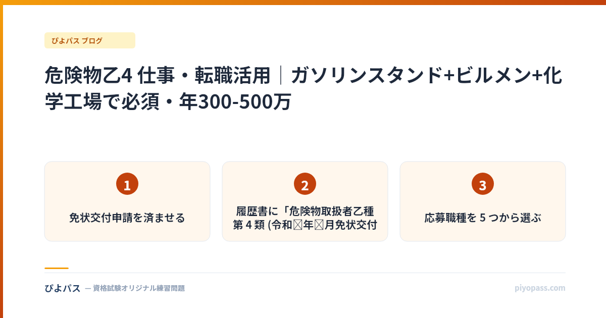 危険物乙4 仕事・転職活用|ガソリンスタンド+ビルメン+化学工場で必須・年300-500万